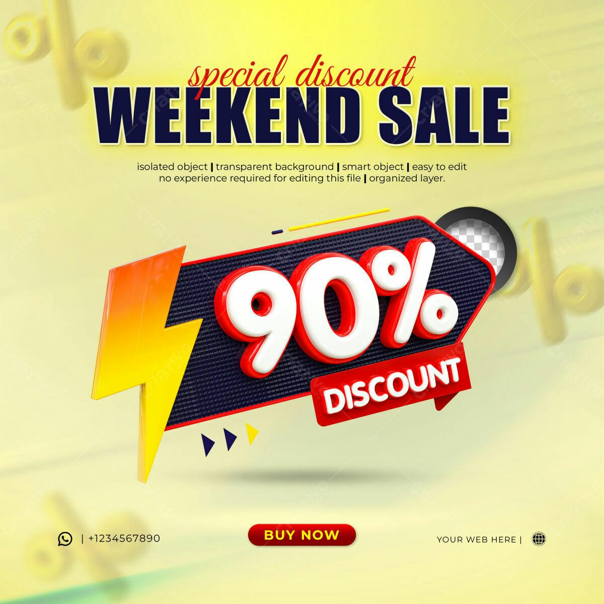 Selo 3D promocional desconto 90% vermelho e branco