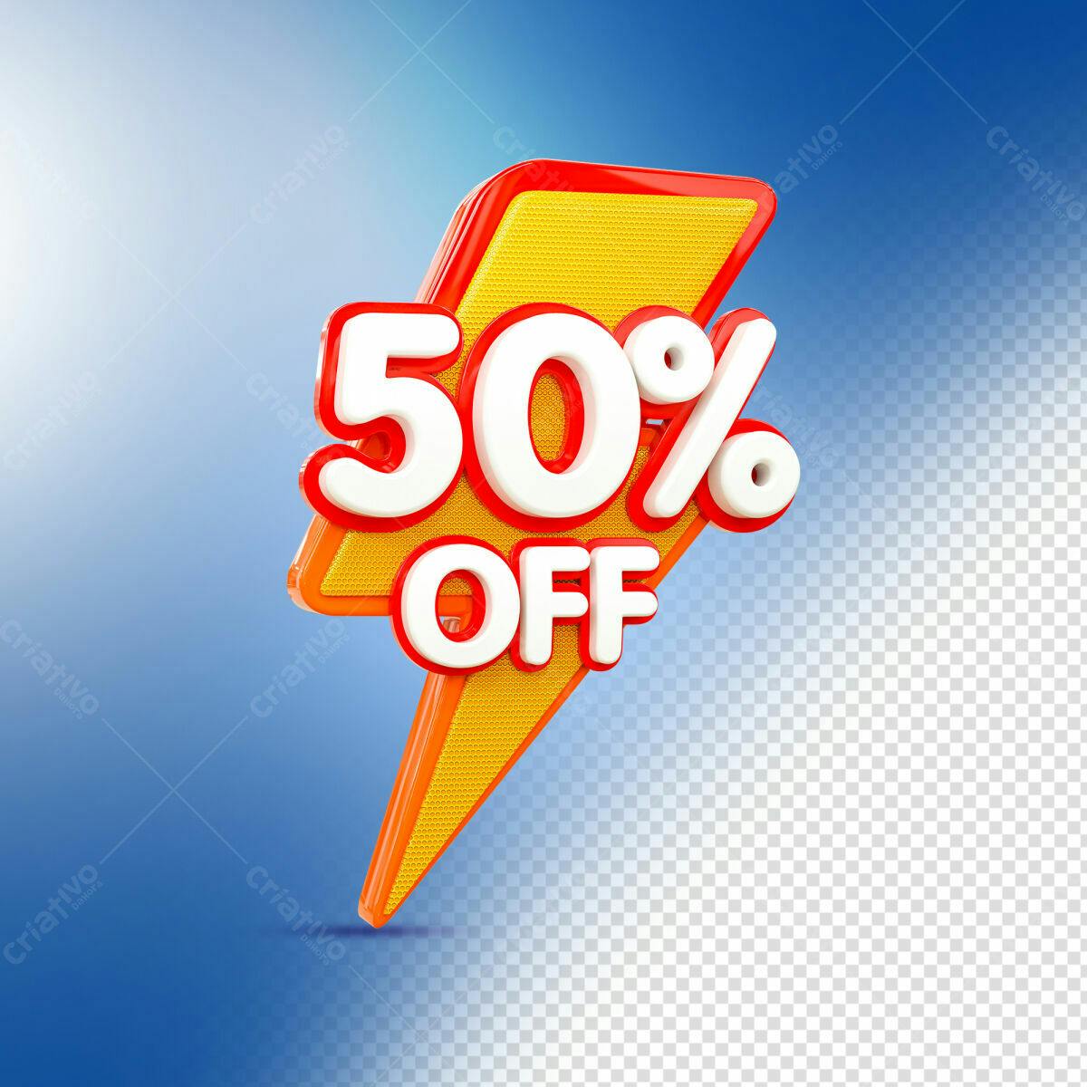 Selo 3D promocional 50% OFF amarelo e vermelho