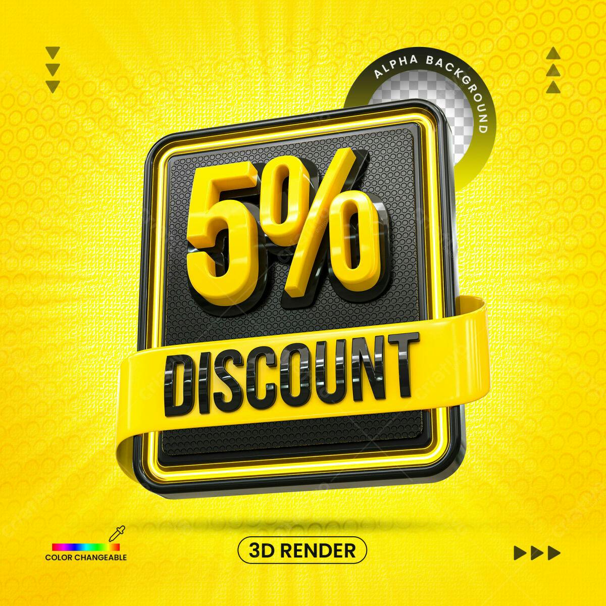 Selo 3D promocional amarelo e preto 5% desconto