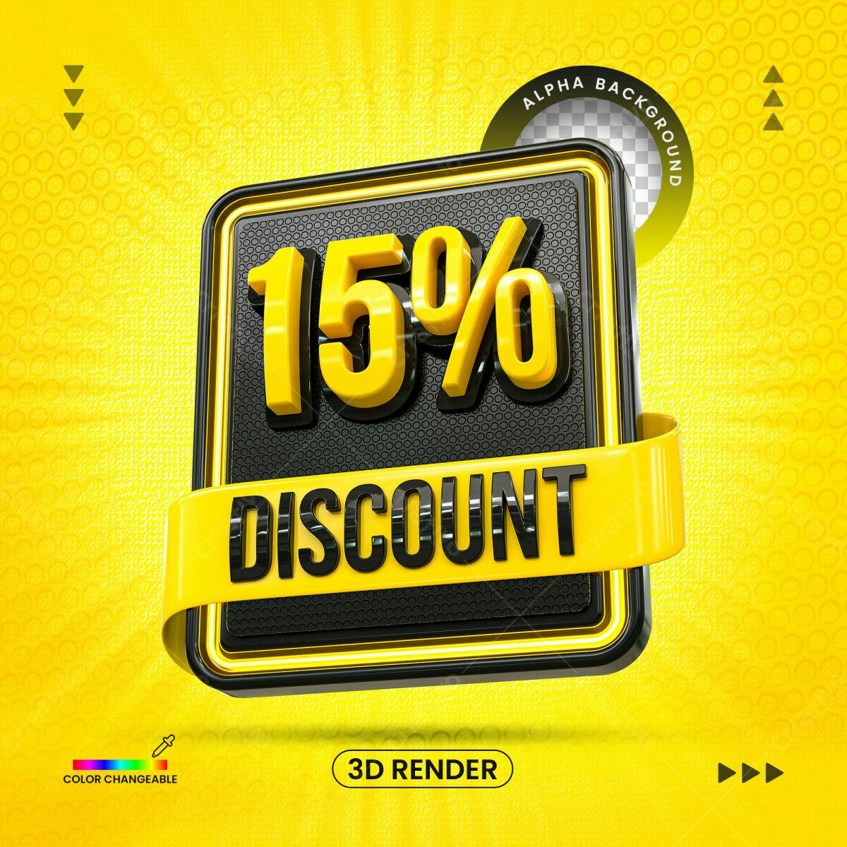 Selo 3D promocional amarelo e preto desconto 15%