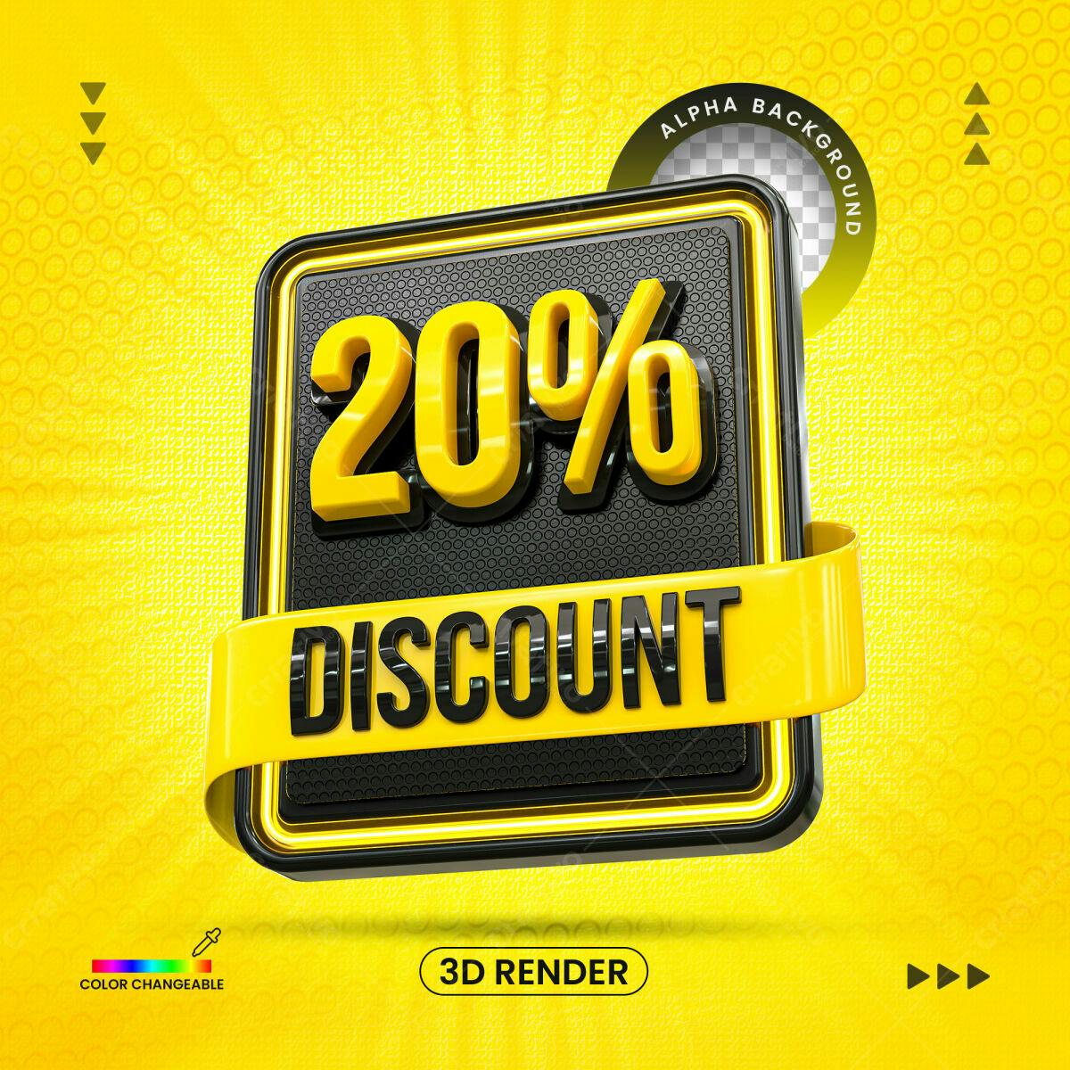 Selo 3D promocional amarelo e preto com desconto