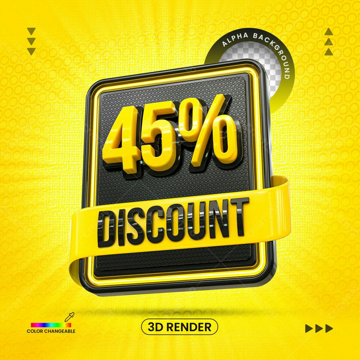 Selo 3D promocional amarelo e preto com desconto