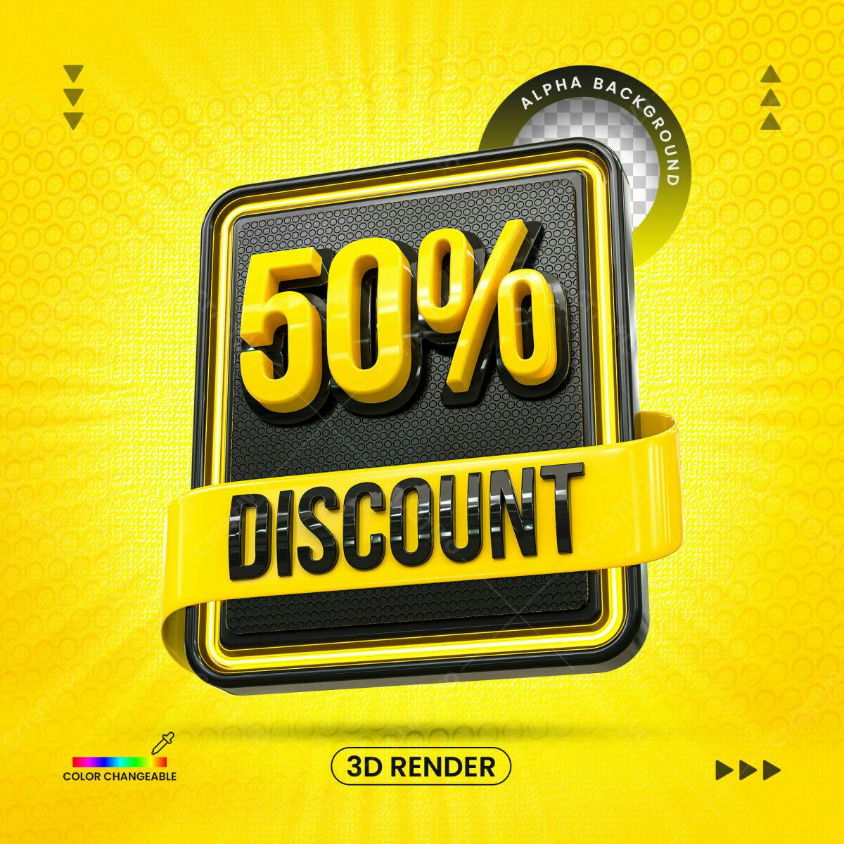 Selo 3D promocional desconto amarelo e preto