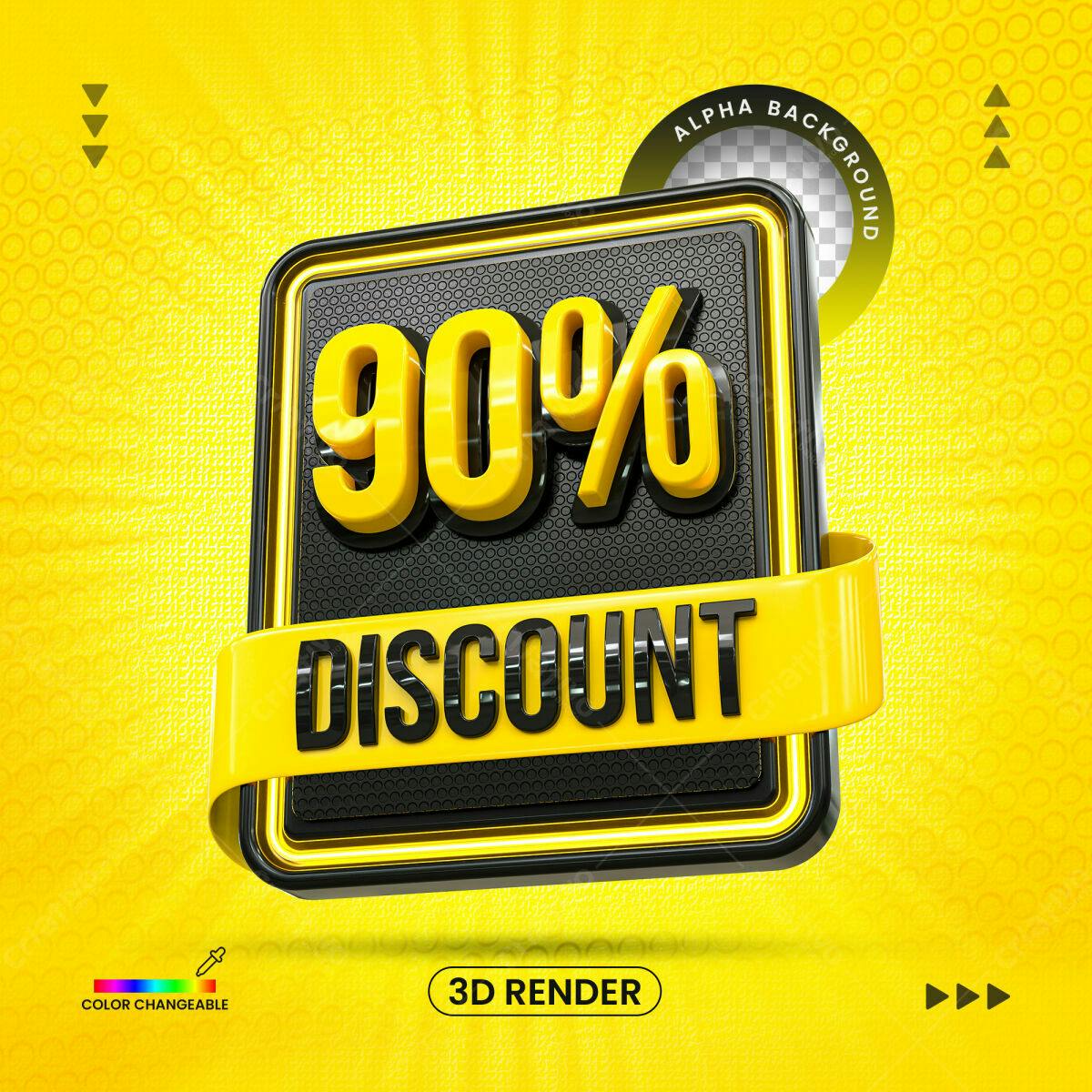 Selo 3D promocional desconto amarelo e preto