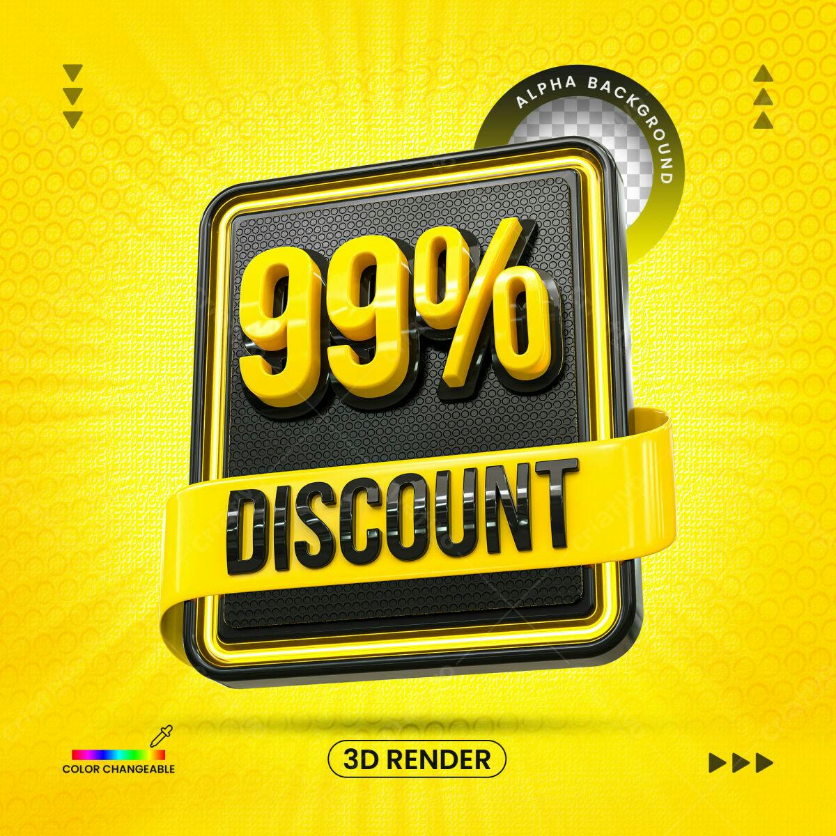 Selo 3D promocional desconto amarelo e preto