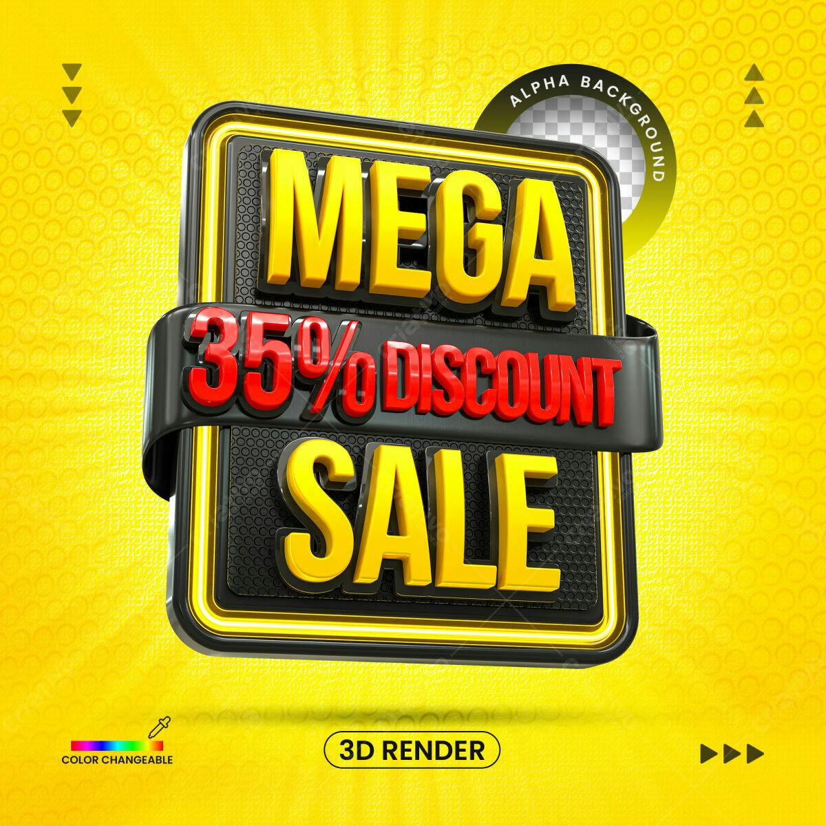 Selo 3D promocional mega desconto amarelo e preto