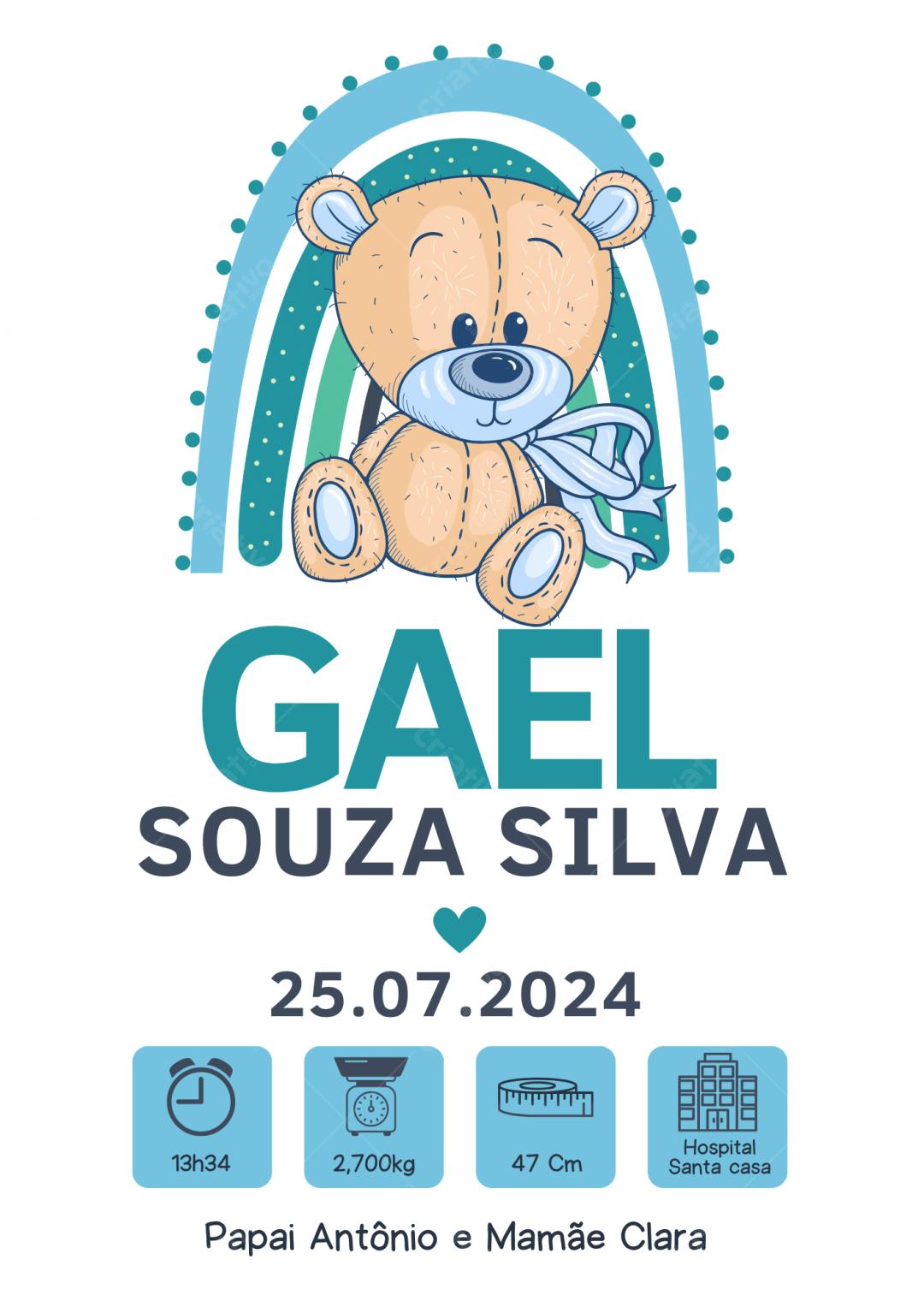 Convite Chá de Bebê Ursinho Arco-íris Editável no Canva