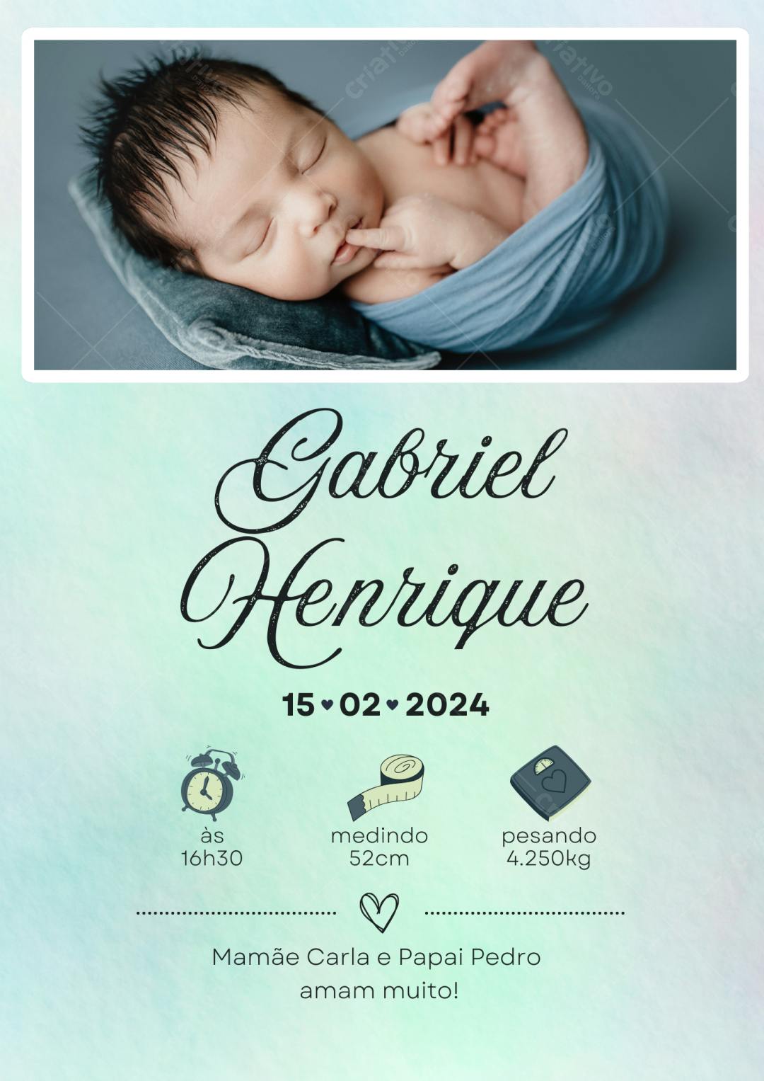 Convite Nascimento Bebê Azul e Verde Água Editável no Canva