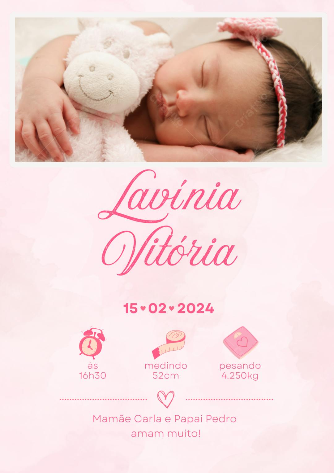 Convite Chá de Bebê Rosa Ursinho Lavínia Vitória Editável no Canva