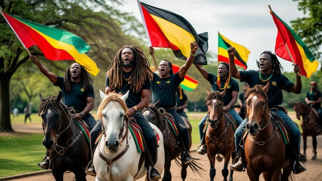 Homens negros a cavalo com bandeiras