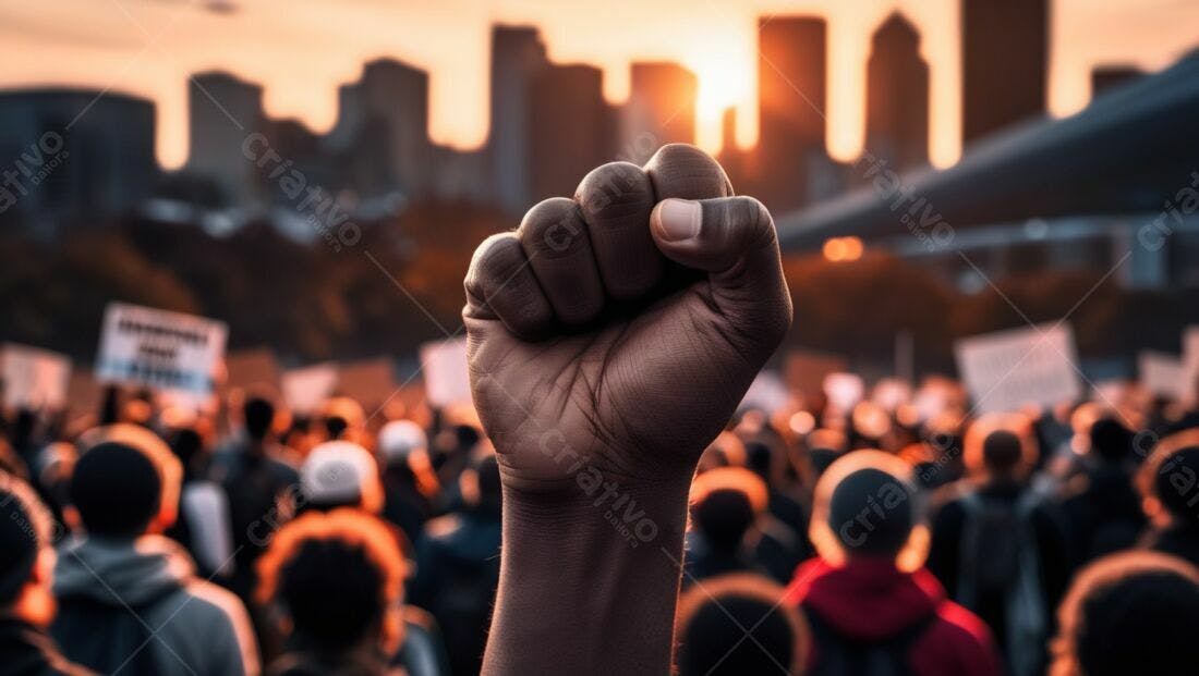 Punho erguido protesto cidade ao entardecer