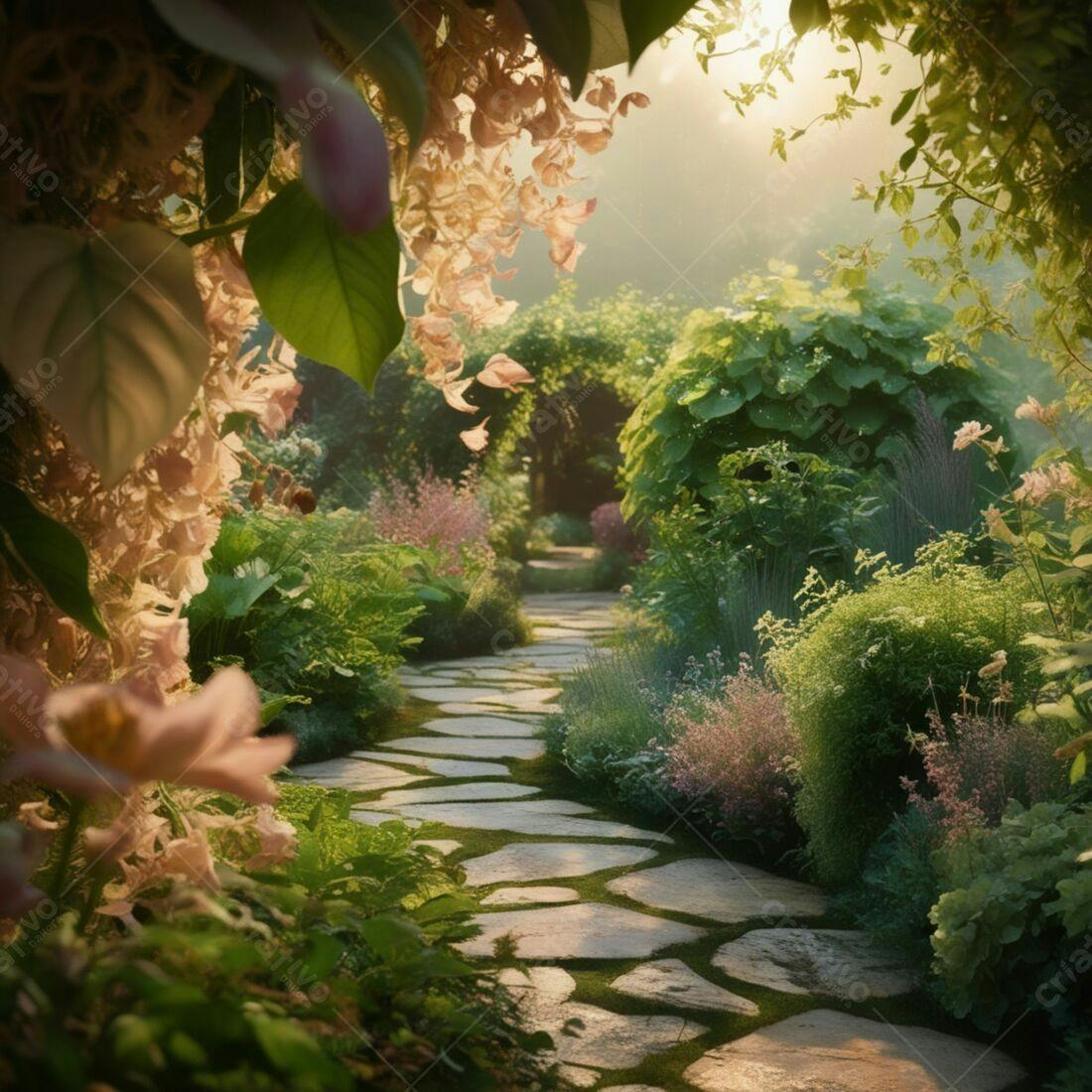 Jardim encantado com caminho de pedras ao amanhecer