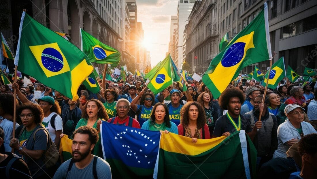 Manifestantes brasileiros com bandeiras em protesto