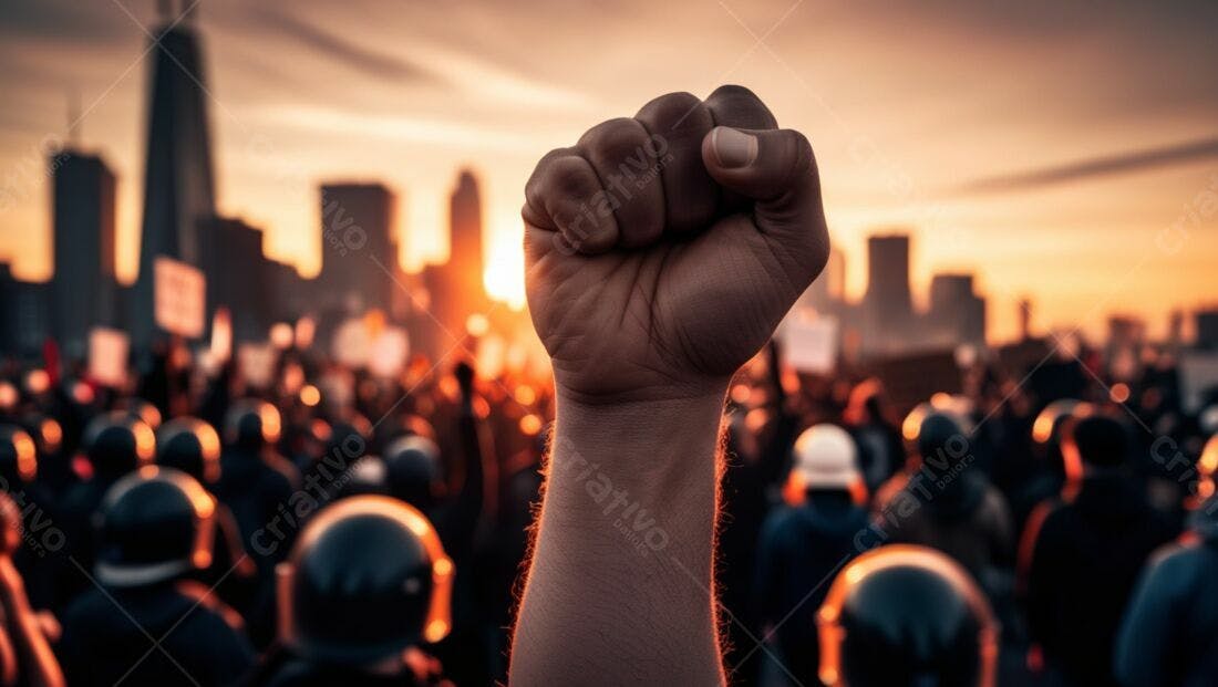 Punho erguido protesto urbano ao entardecer