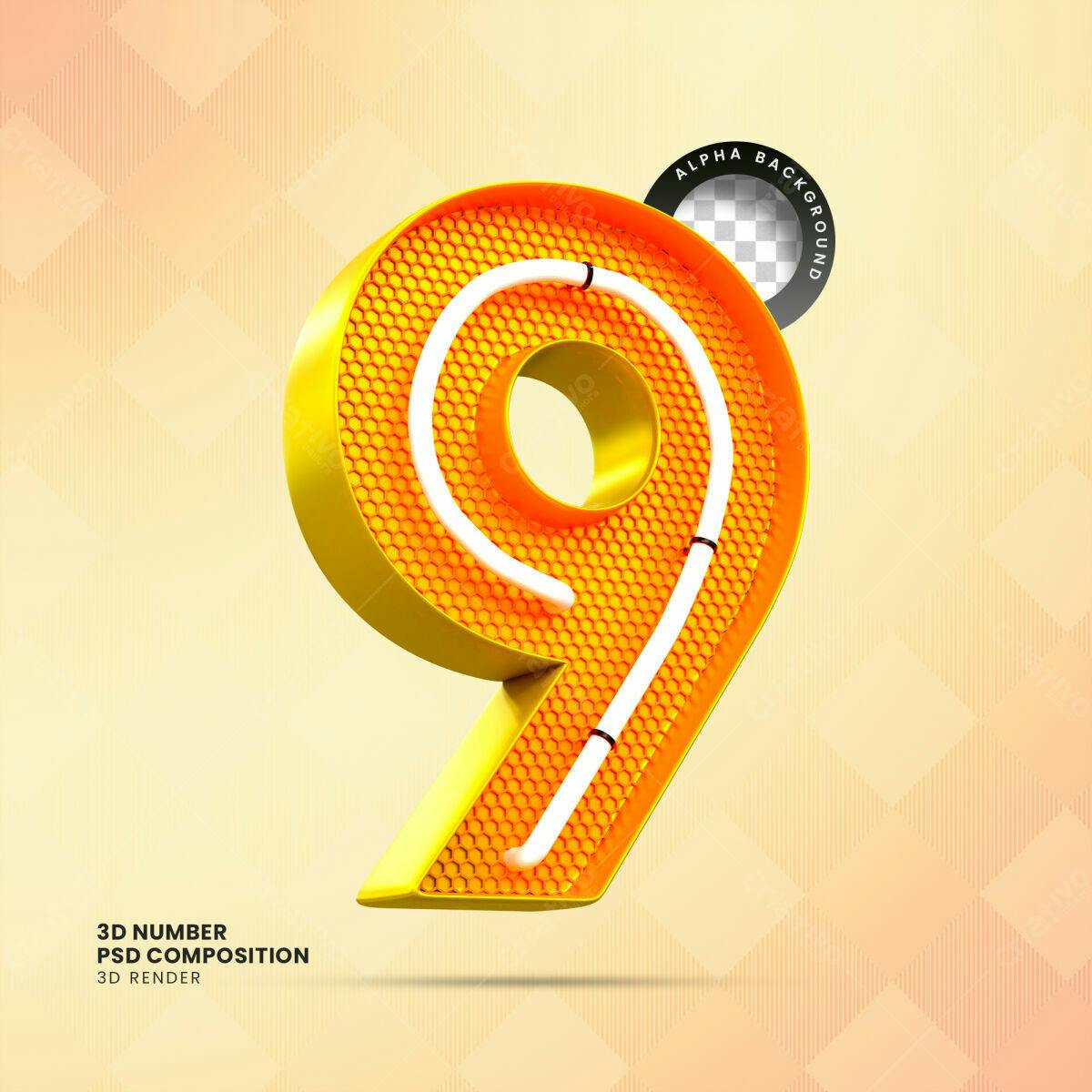 Selo 3D Número 9 Amarelo Neon Hexagonal