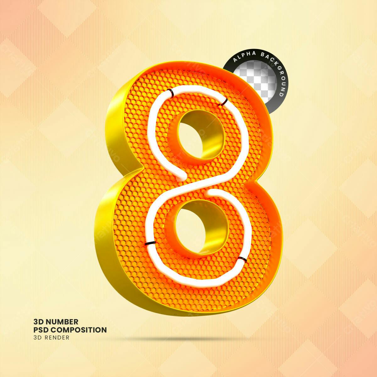 Selo 3D Número 8 Neon Amarelo e Branco