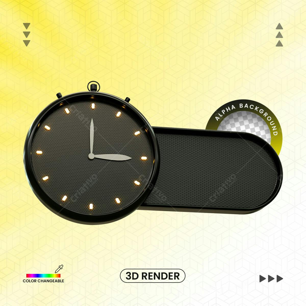 Selo 3D informativo preto e dourado com relógio