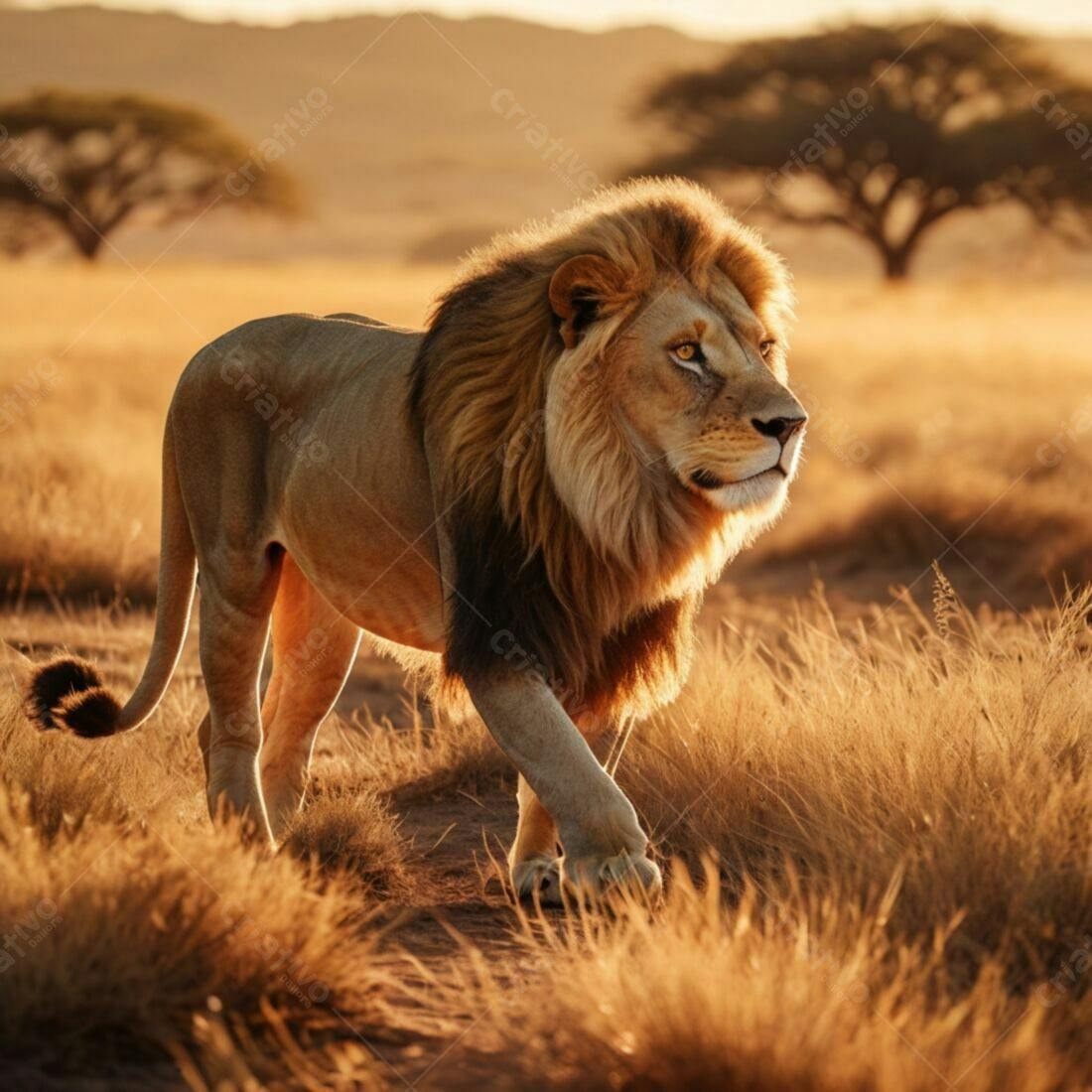 Leão caminhando na savana ao pôr do sol