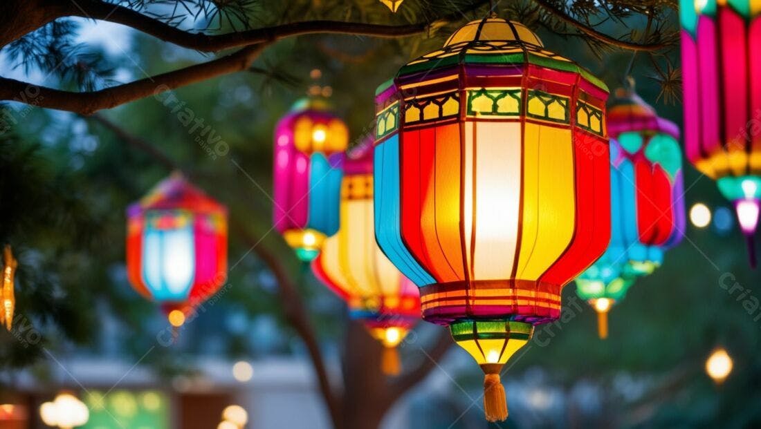 Lindas lanternas coloridas penduradas em árvore noite