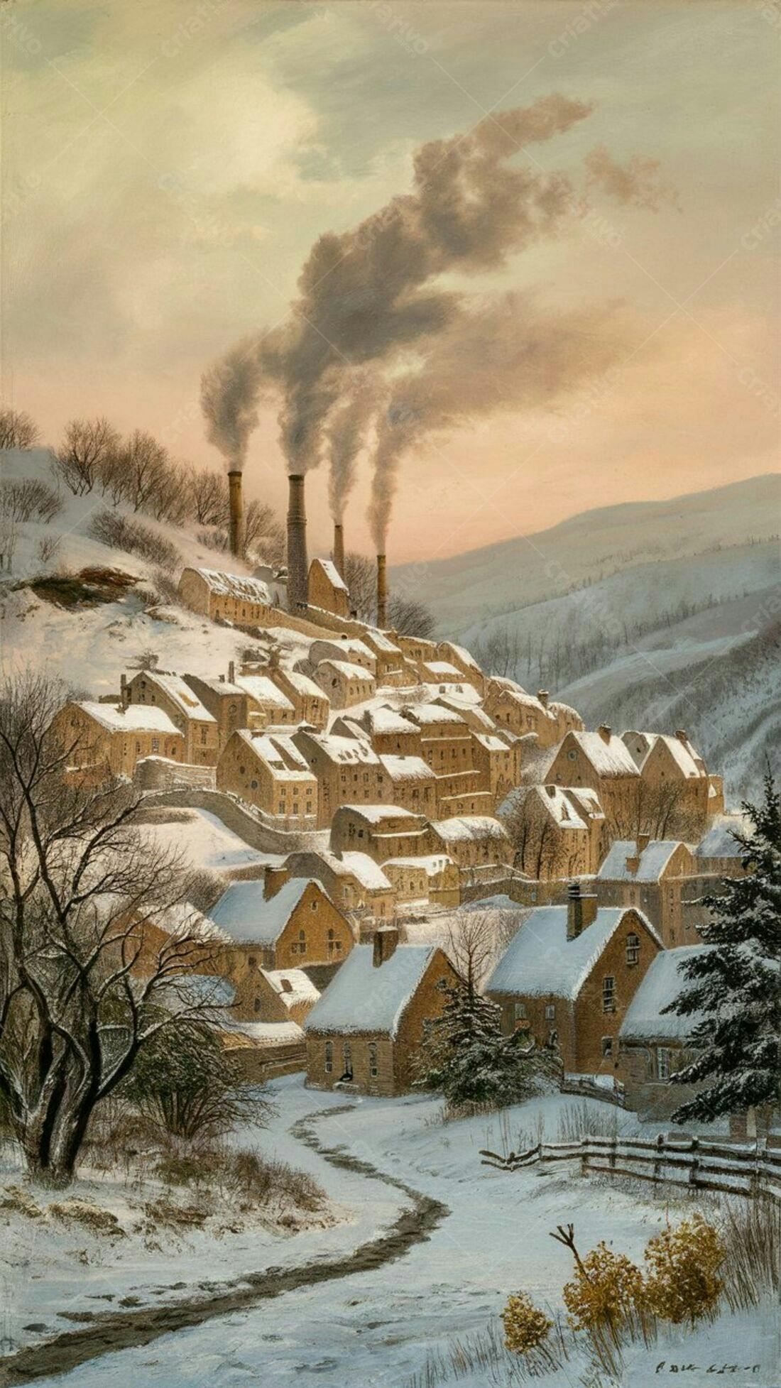 Vilarejo Nevado com Fábricas ao Entardecer