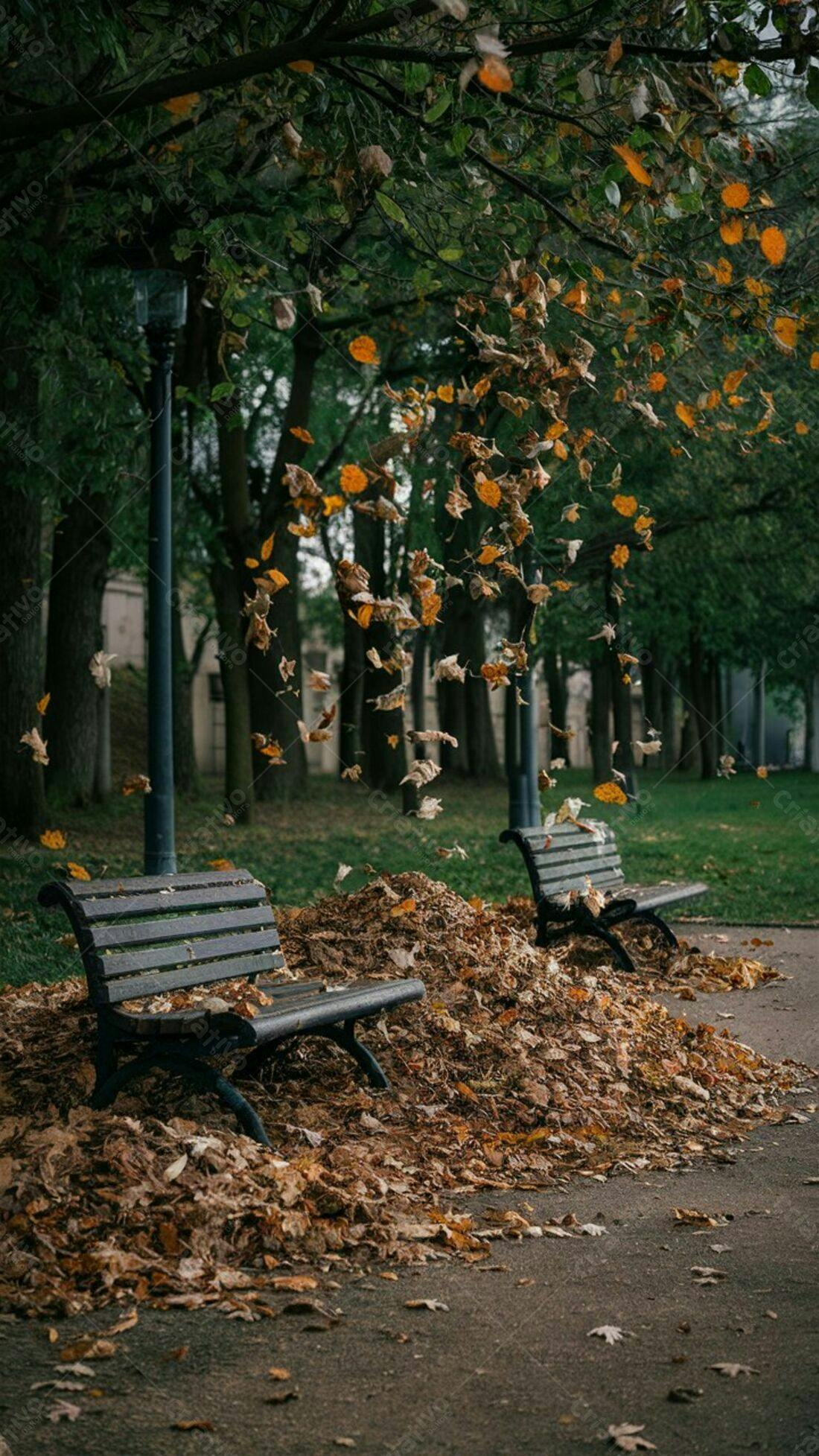 Bancos em parque com folhas secas no outono