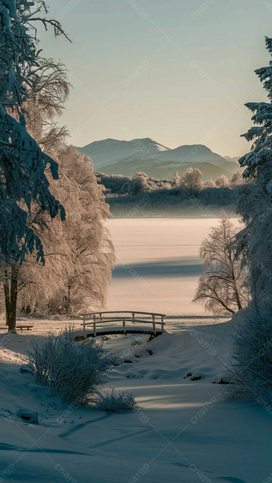 Paisagem nevada com ponte de madeira ao amanhecer