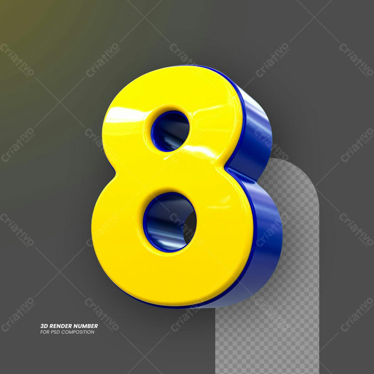 Número 8 em 3D Amarelo e Azul PSD Editável