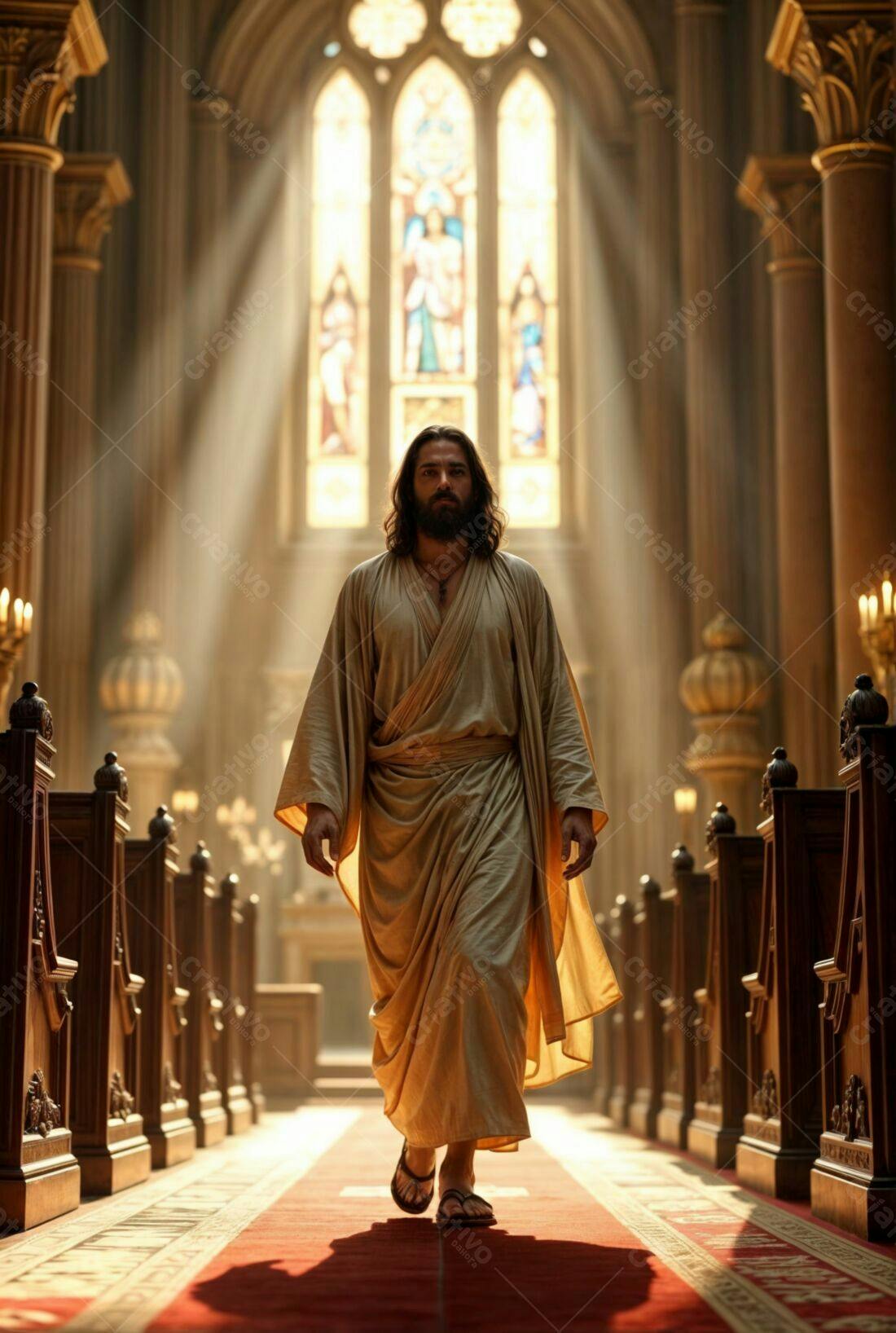 Jesus caminhando igreja luz dourada
