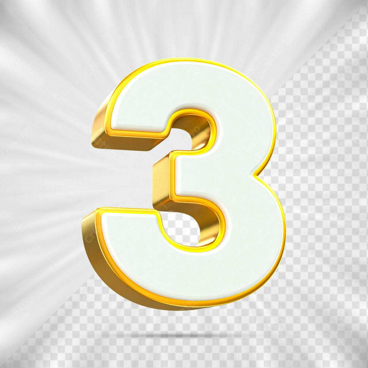 Número 3 em 3D Dourado e Branco PSD Editável
