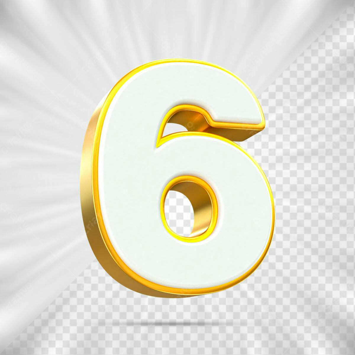 Número 6 em 3D Dourado e Branco PSD Editável