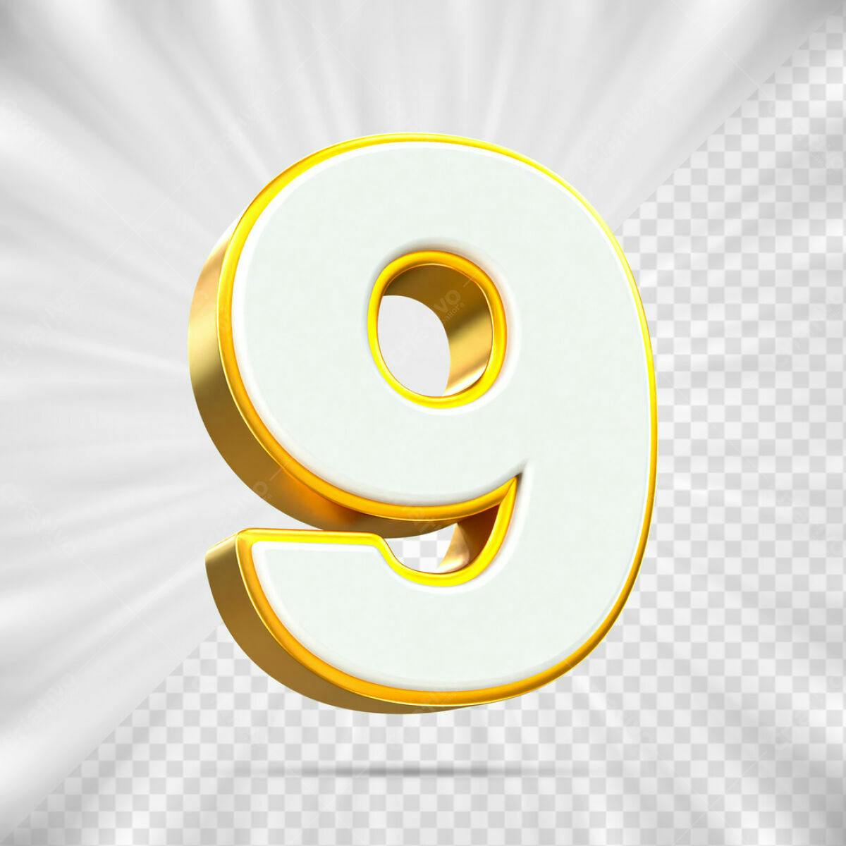 Número 9 em 3D Dourado e Branco PSD Editável