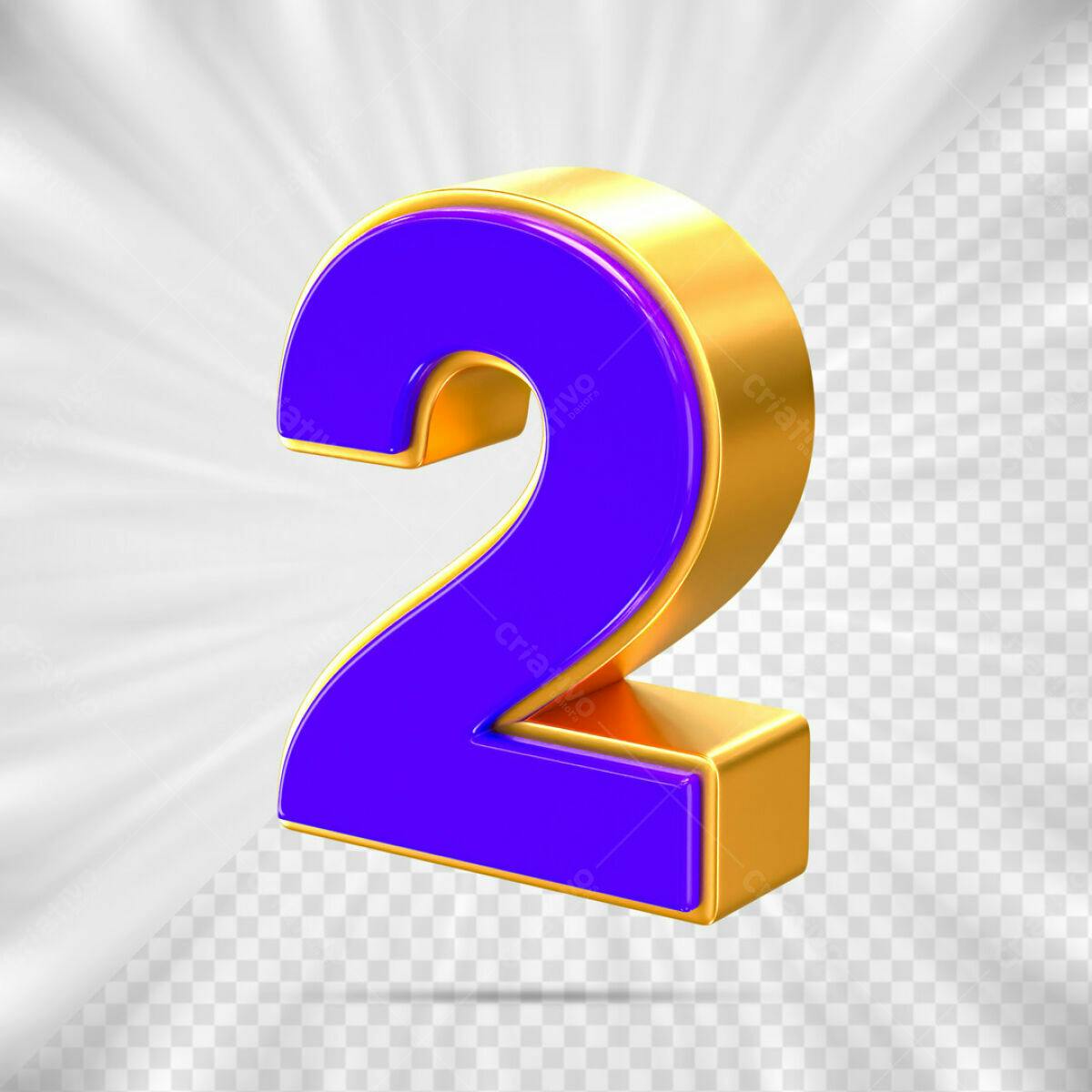 Número 2 em 3D Dourado e Roxo PSD Editável