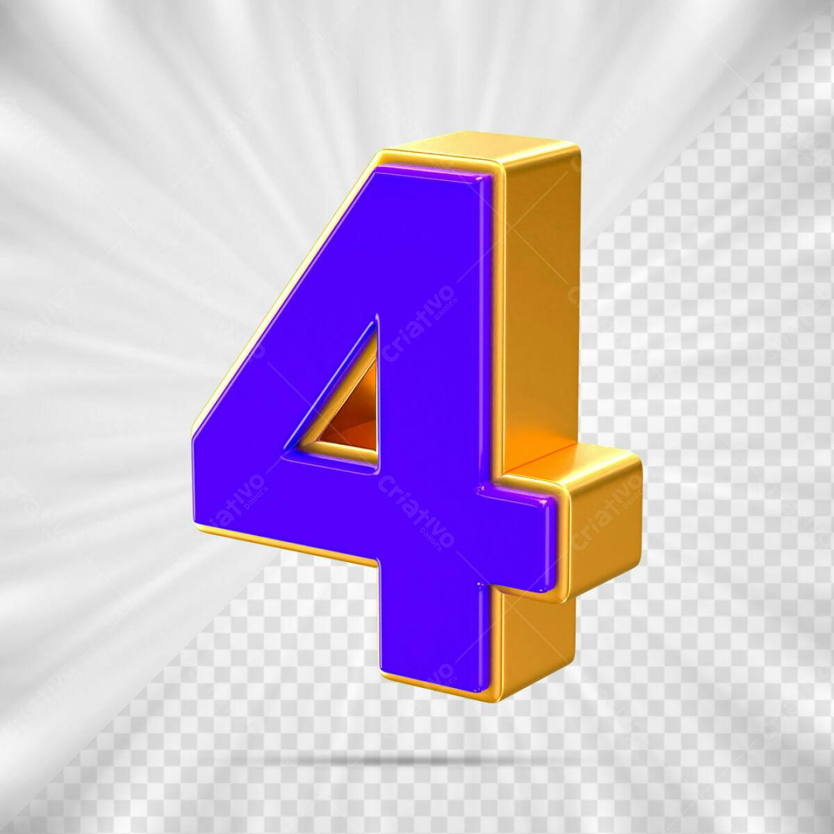 Número 4 em 3D Roxo e Dourado PSD Editável