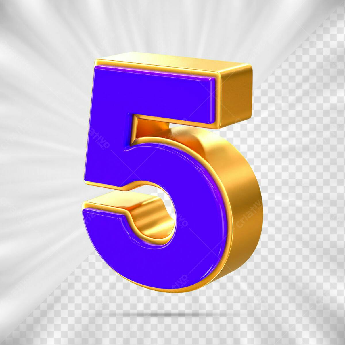 Número 5 em 3D Dourado e Roxo PSD Editável