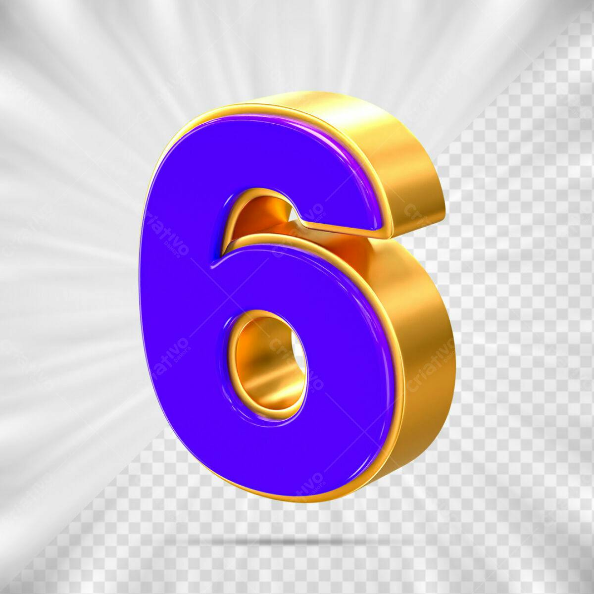 Número 6 em 3D Dourado e Roxo PSD Editável