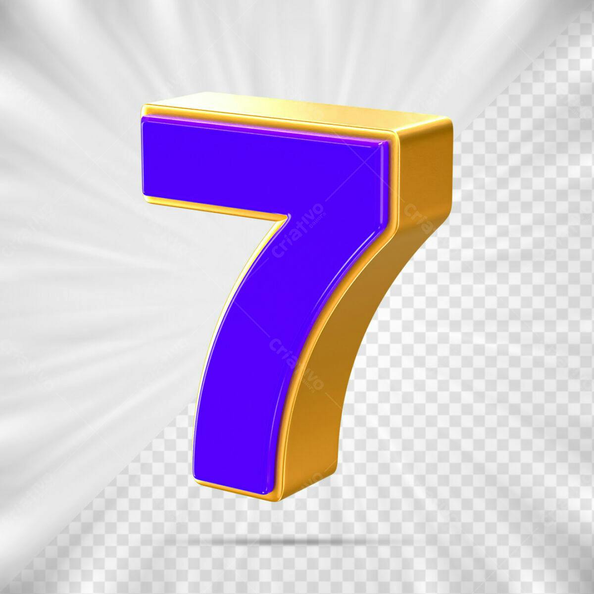 Número 7 em 3D Dourado e Roxo PSD Editável