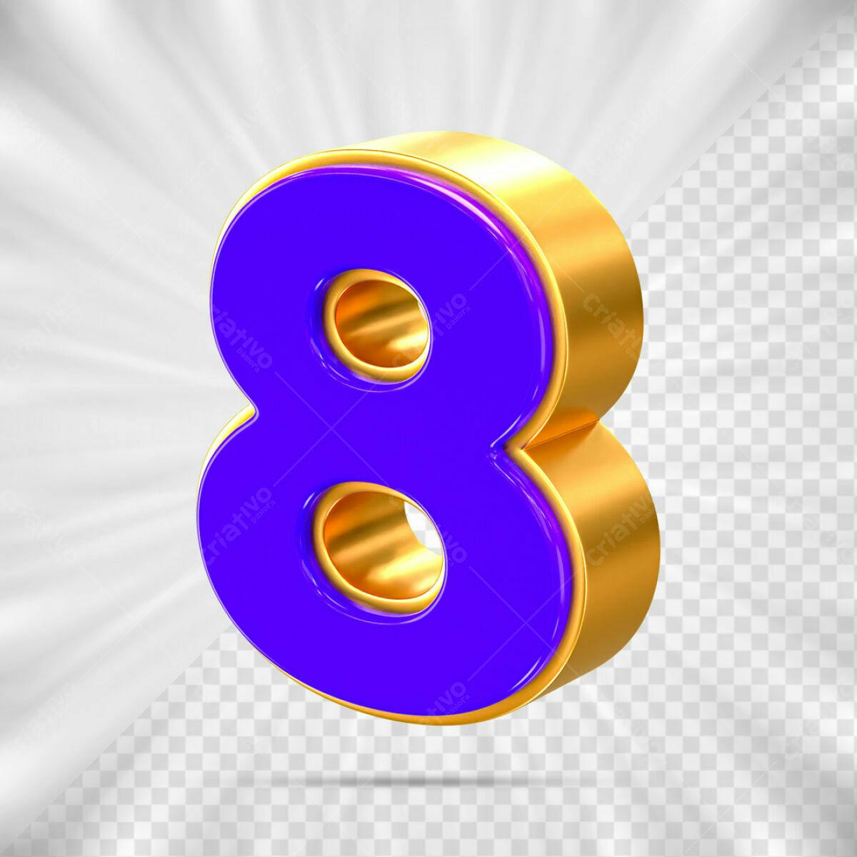 Número 8 em 3D Dourado e Roxo PSD Editável