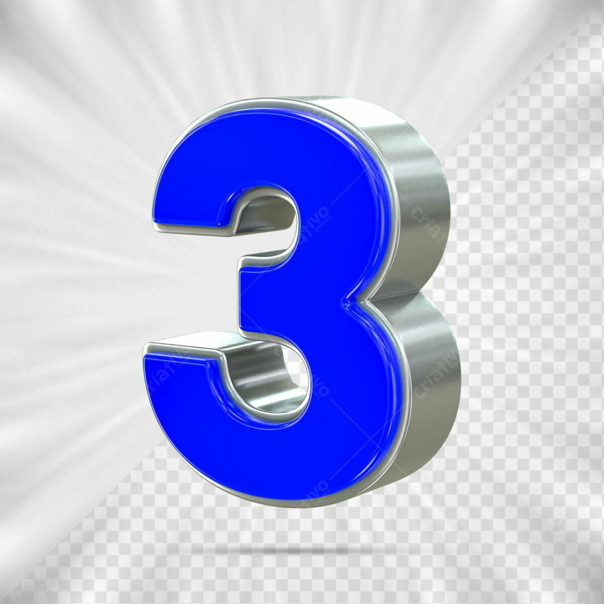 Número 3 em 3D Azul e Prata PSD Editável