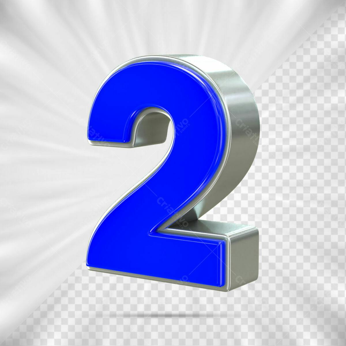 Número 2 em 3D Azul e Prata PSD Editável