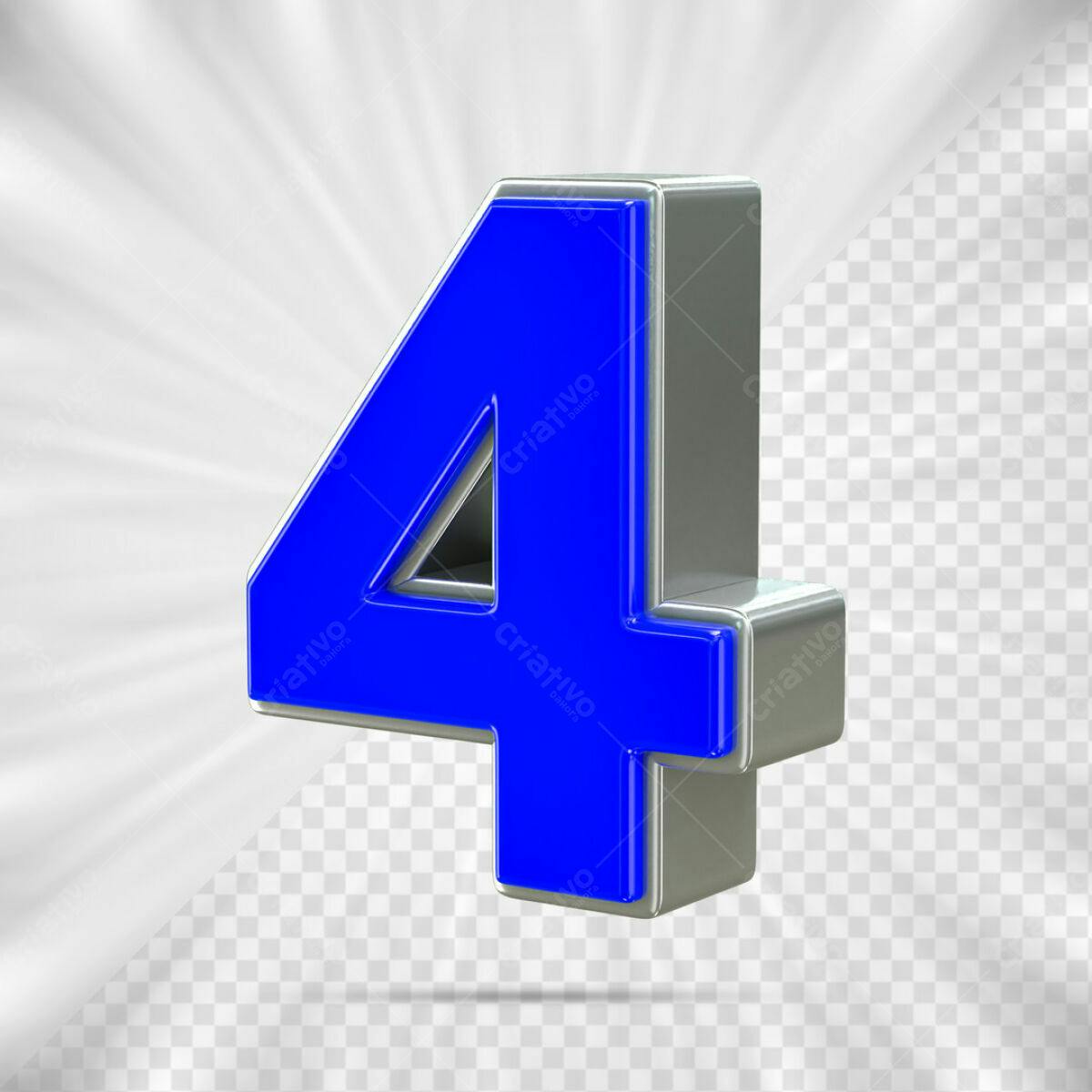 Número 4 em 3D Azul e Prata PSD Editável