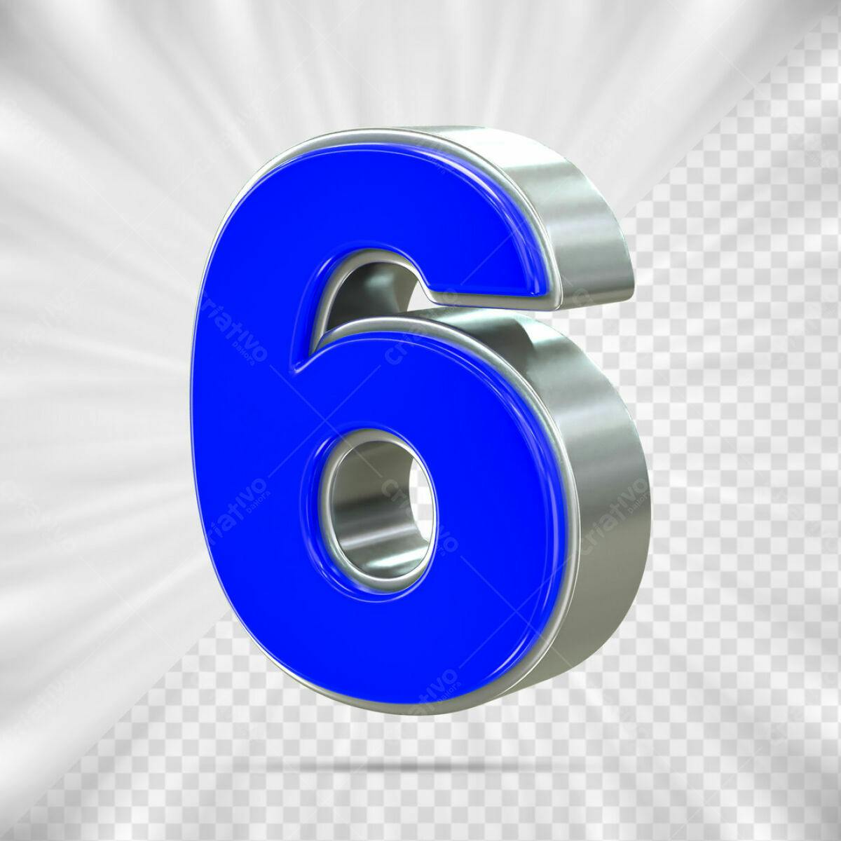 Número 6 em 3D Azul e Prata PSD Editável