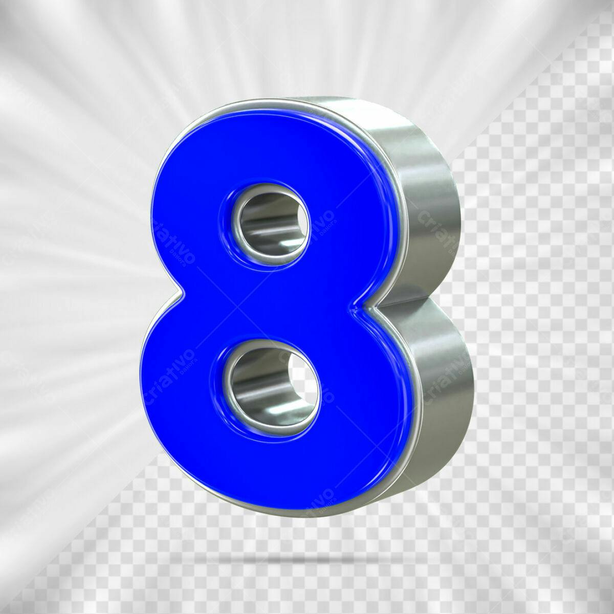 Número 8 em 3D Azul e Prata PSD Editável