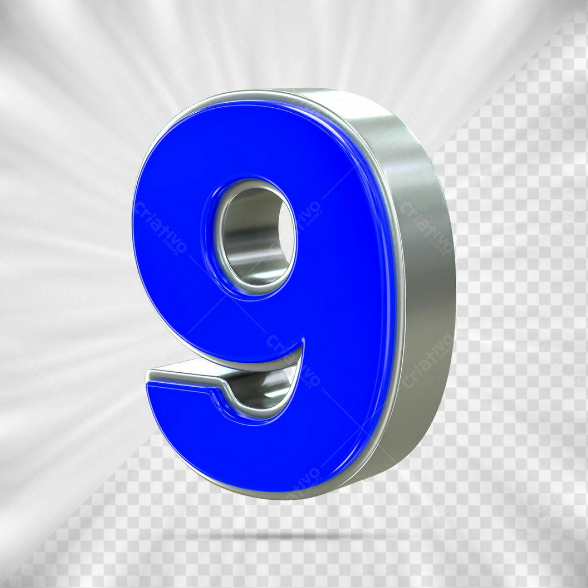 Número 9 em Metal Azul PSD Editável