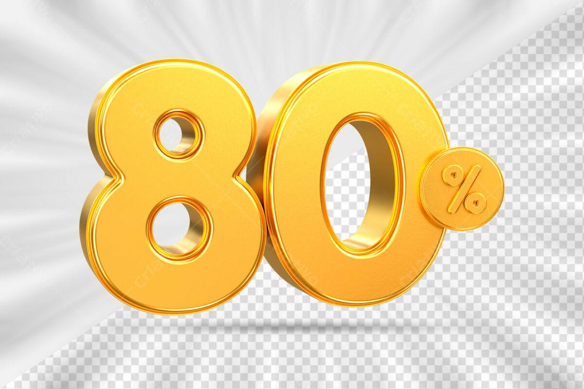Design de Número 80% em Ouro PSD Editável