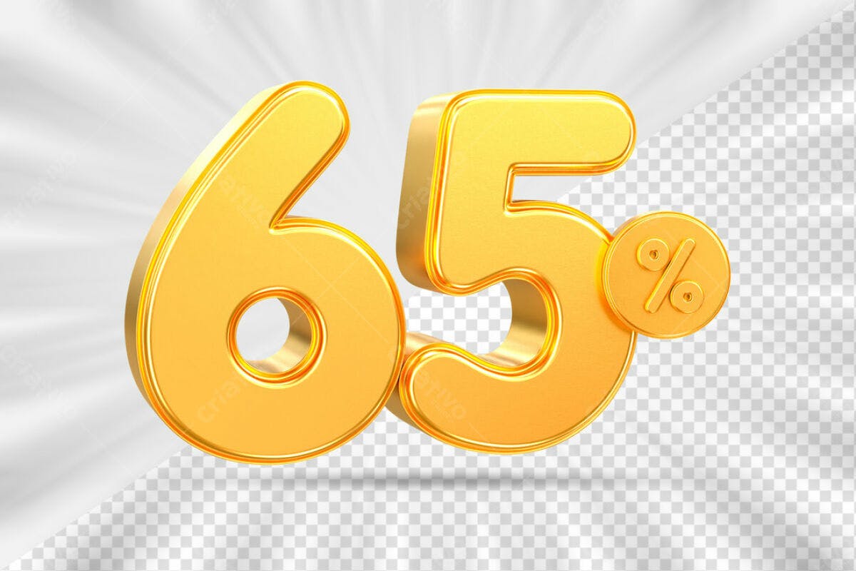 Design de Número 65% em Ouro PSD Editável