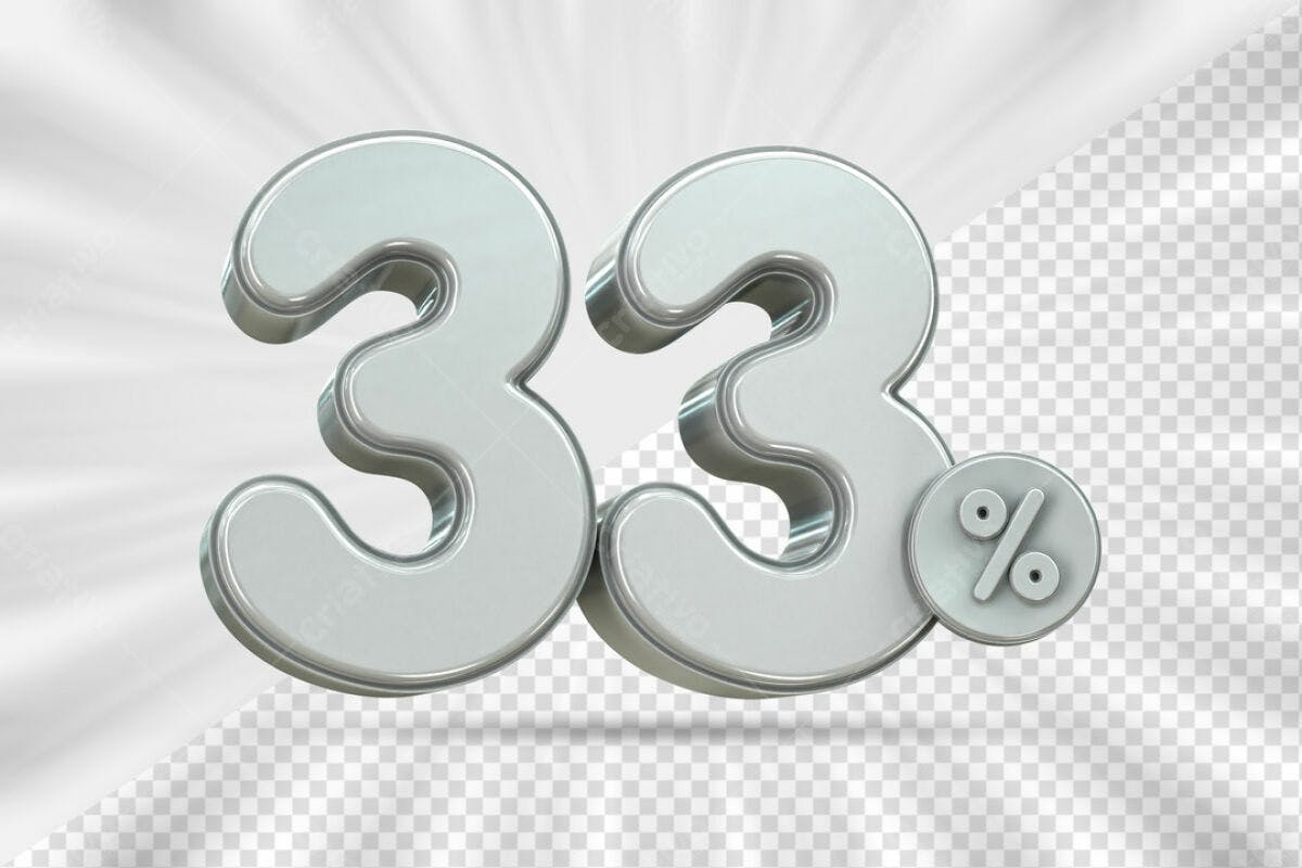 Design de Número 33% em Metal Prata PSD Editável