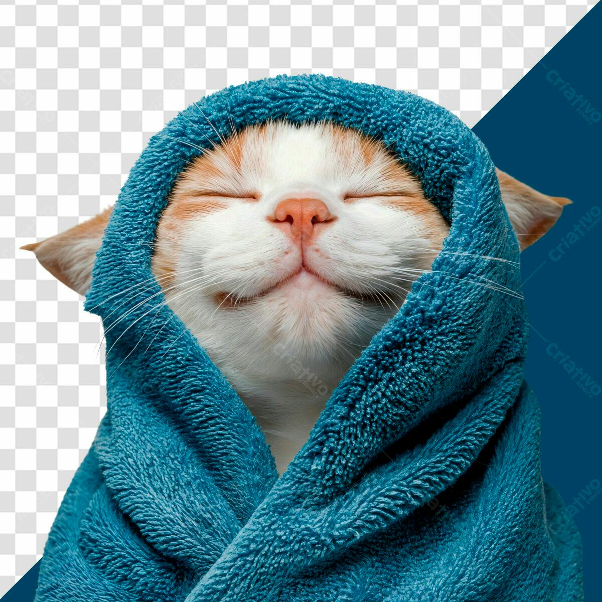 Imagem Gato Enrolado em Toalha Azul PSD Editável