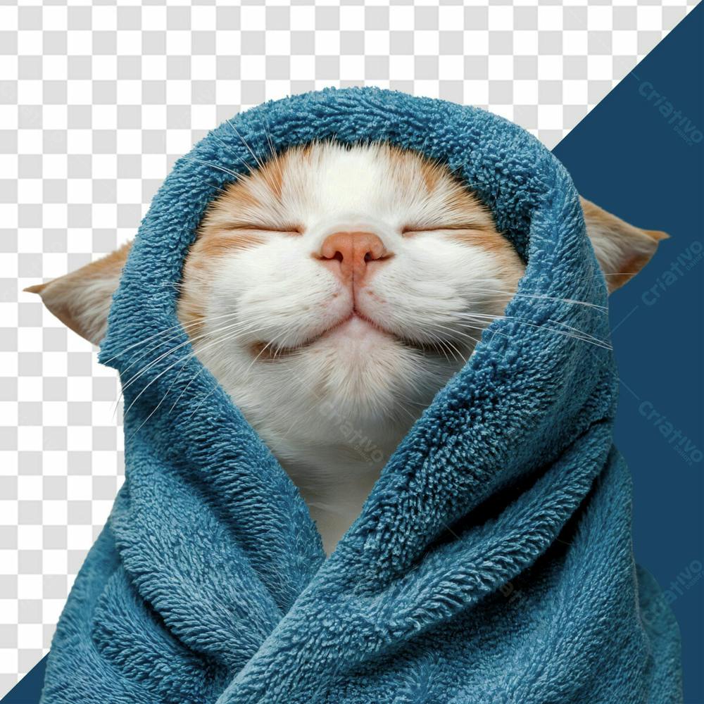 Lindo Gato Feliz Com Uma Toalha Na Cabeça E Com Os Olhos Fechados