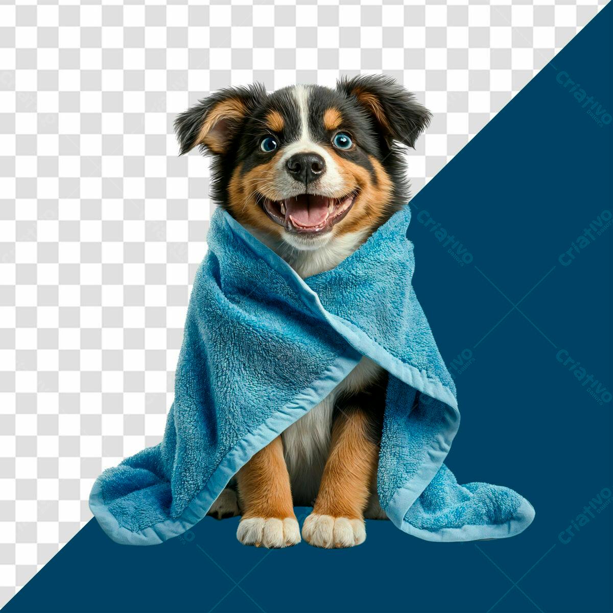 Imagem de Cachorro Enrolado em Toalha Azul PSD Editável