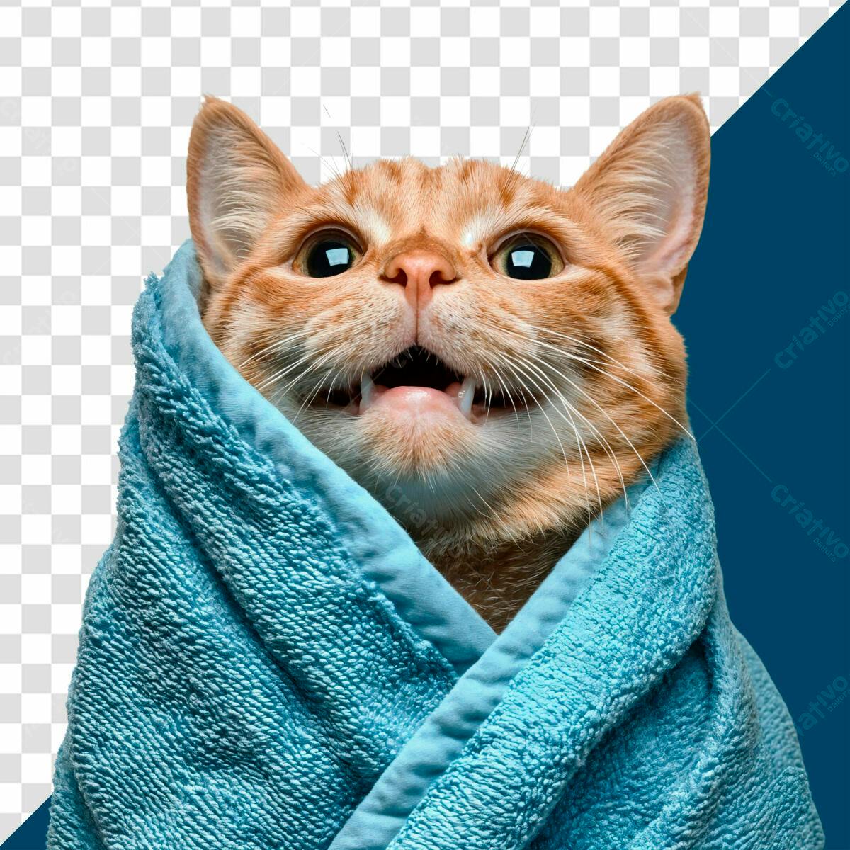 Imagem Gatinho Enrolado em Toalha Azul PSD Editável